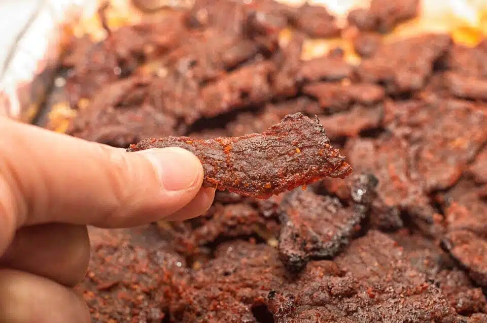 Close up detail of a hand holding fresh jerky being made